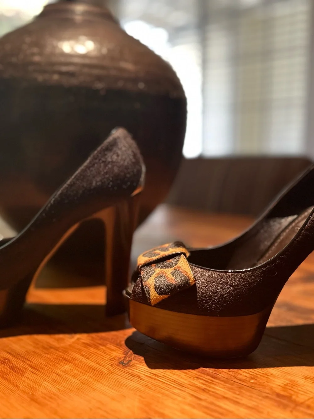 Louis Vuitton Brown Platform Peep-Toe Pumps with Leopard Bow